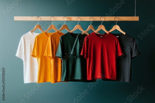 Colorful T-Shirts Hanging on a Wooden Rack Against a Teal Background in a Mod...