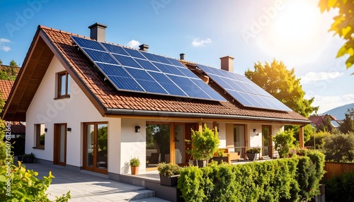 Solar panels on a modern home with a red-tiled roof, bathed in sunlight for clean energy in Indian village