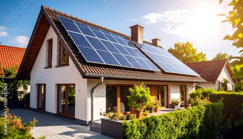 Solar panels on the roof of a modern house in a residential area, harnessing sunlight for energy