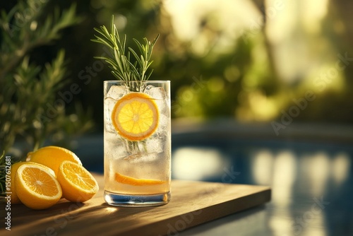Refreshing Citrus Drink With Rosemary Served by the Pool on a Sunny Afternoon