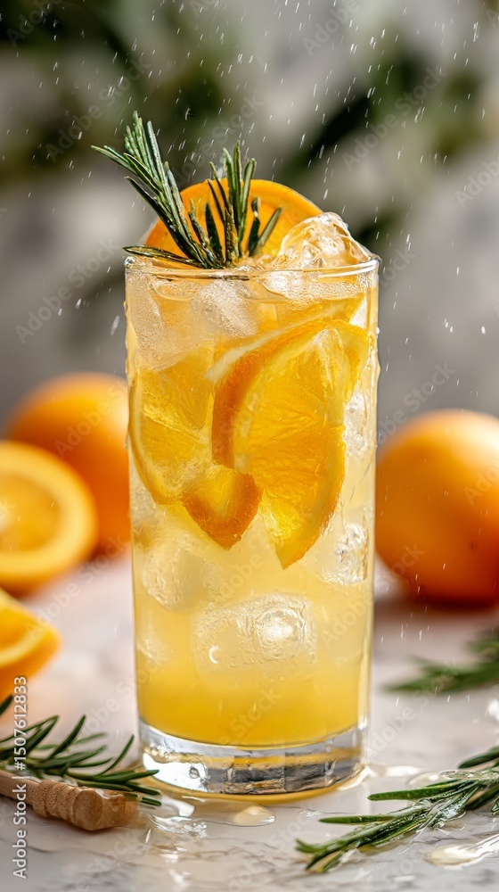 Fototapeta premium Refreshing Citrus Drink With Ice and Rosemary on a Marble Surface