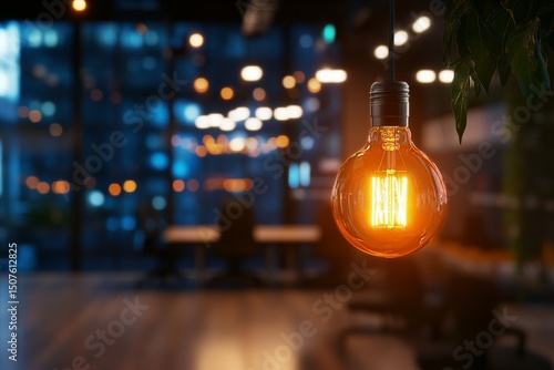 Stylish Light Bulb Illuminating a Modern Workspace in the Evening