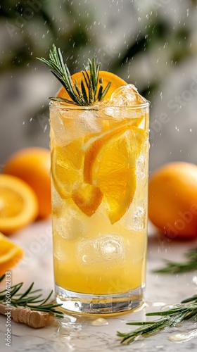 Refreshing Citrus Drink With Ice and Rosemary on a Marble Surface