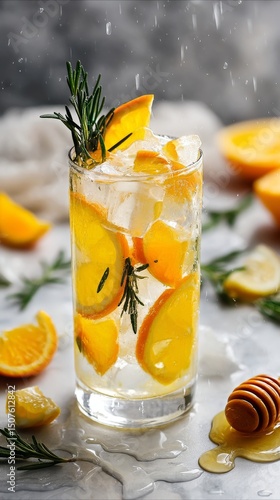 Refreshing Citrus Drink With Ice and Rosemary on a Marble Surface