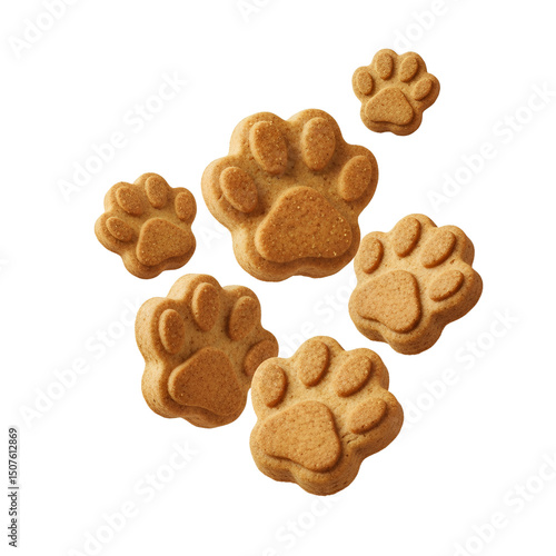 Floating Golden Paw-Shaped Dog Treats on Transparent Background