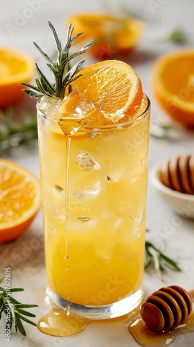 Refreshing Citrus Drink With Orange Slices and Rosemary on a Sunny Table