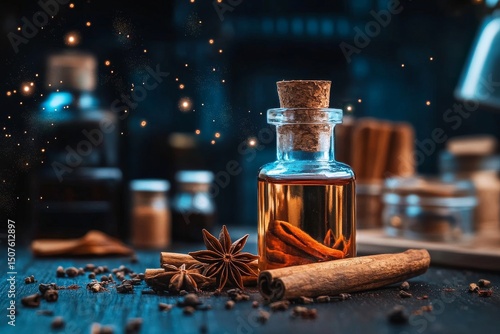 Star Anise Floats Above Cinnamon Sticks in a Dark, Cozy Setting With Lights a...
