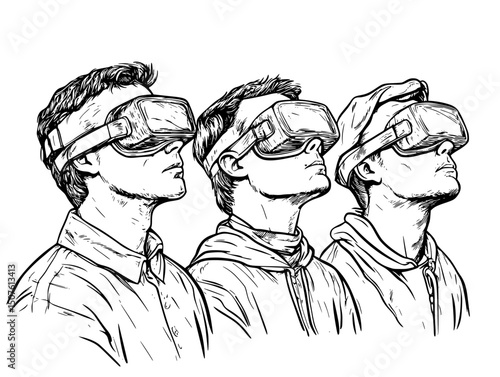 Blindfolded viewers watching screens, vector graphic