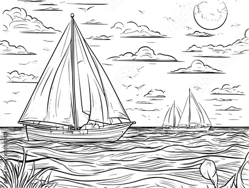 Boats approaching distant shoreline, vector illustration art