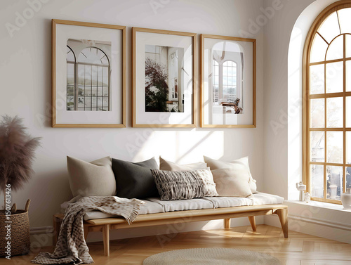 Three large wooden picture frames hanging on a white wall above a modern bench with soft neutraltoned pillows and a woven cushion The scene is bright and air