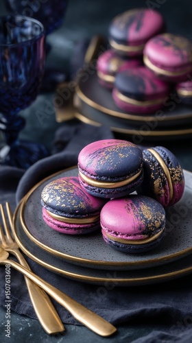 Colorful Macarons Displayed on Elegant Plates at a Stylish Dessert Table Duri...
