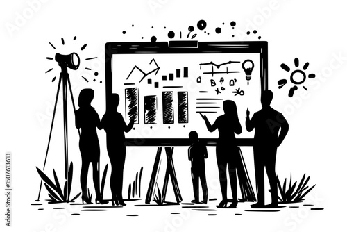 Business budget planning session, black vector graphic