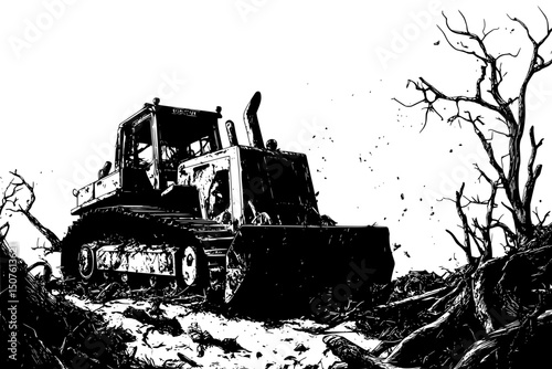 Bulldozers destroying ancient forest canopy, vector illustration art