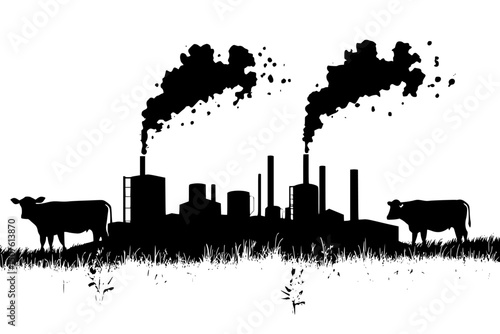Cattle farm releasing atmospheric gases, black vector graphic