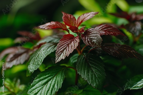 Vibrant Red and Dark Leaves With Raindrops in a Natural Arrangement Reflectin...