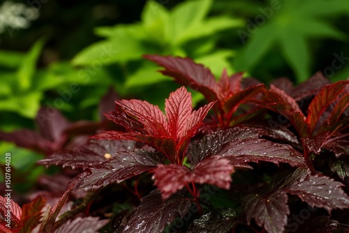 Vibrant Red and Green Leaves Showcasing Natures Beauty in a Lush Garden Durin...