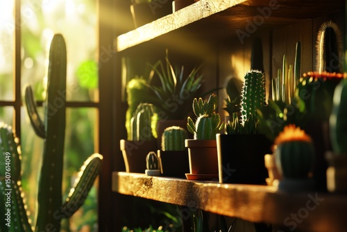 Sunlight Streaming Through a Window Highlights a Variety of Potted Cacti on a...