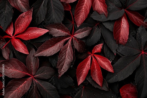 Vibrant Red and Dark Leaves With Raindrops in a Natural Arrangement Reflectin...