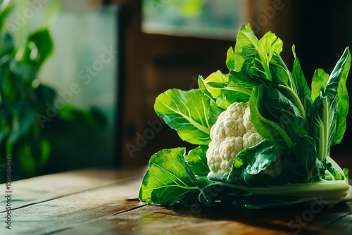 Fresh Cauliflower and Greens Displayed on Rustic Wooden Table in Natural Light