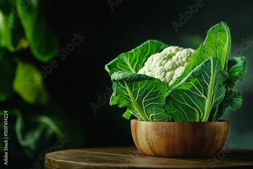 Fresh Cauliflower in a Wooden Bowl With Leafy Greens on a Dark Background