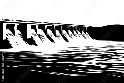 Dam generating hydroelectric power, vector illustration