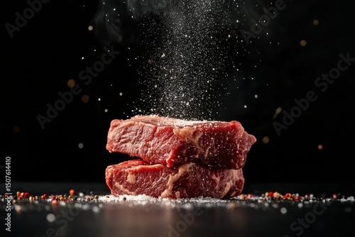Juicy Steak Seasoned With Salt and Spices on a Dark Background for Gourmet Co...