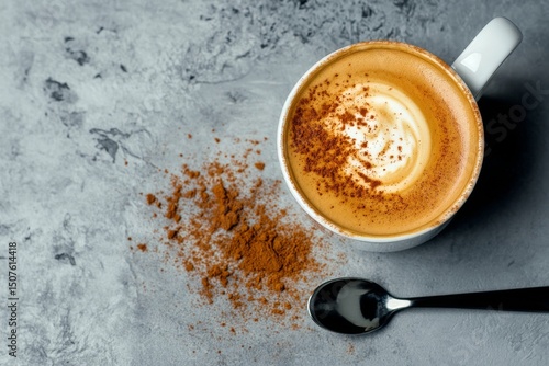 Creamy Cappuccino With Cinnamon on Marble Surface in Morning Light
