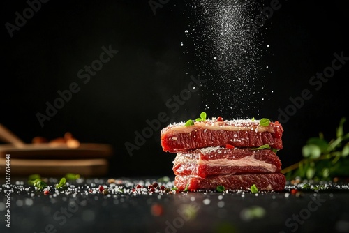 Juicy Steak Seasoned With Salt and Spices on a Dark Background for Gourmet Co...