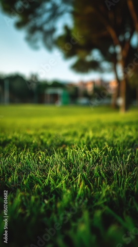 Green Grass in a Park During Golden Hour With Trees and Soft Sunlight Illumin...