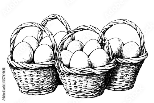 Eggs distributed across multiple baskets, black vector graphic