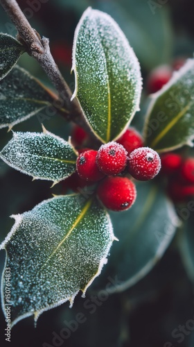 Frost-covered Holly Leaves and Berries in Winter Garden Setting