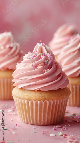 Cupcake With Pink Frosting and Sprinkles on a Pink Background in a Bakery Set...