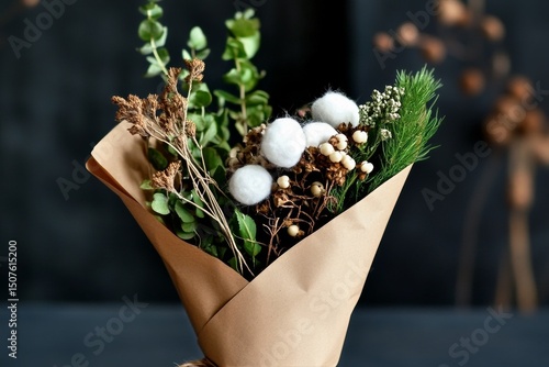 Unique Bouquet of Dried Flowers and Greenery Held in a Hand Surrounded by Nat...