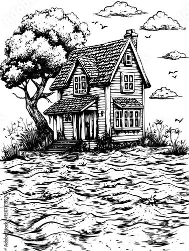 Floating homes withstanding rising waters, vector illustration