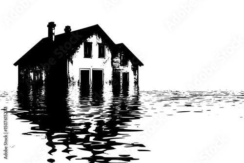 Floating homes withstanding rising waters, black vector graphic