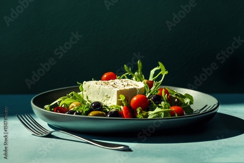 Fresh Salad Featuring Feta Cheese and Colorful Vegetables on a Stylish Plate