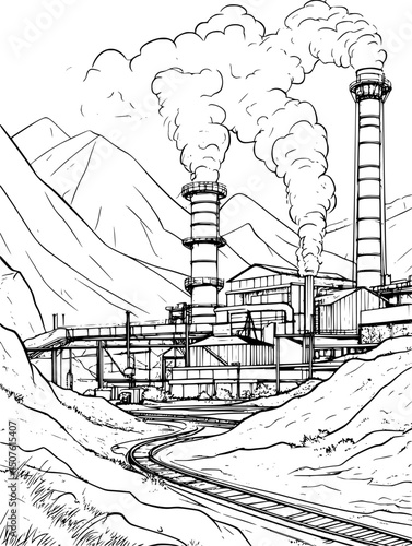 Geothermal plant with steam rising above, vector illustration art