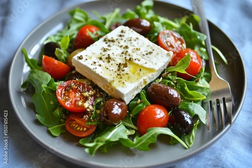Fresh Salad With Feta Cheese, Cherry Tomatoes, and Olives Garnished With Oliv...