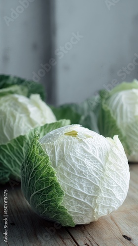 Fresh Green Cabbage Heads Resting on a Rustic Wooden Surface in Natural Light
