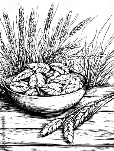 Grain dishes on wooden table, black vector graphic