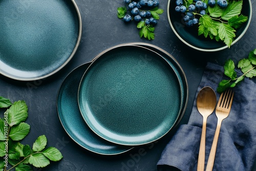 Beautiful Turquoise Plates Set With Fresh Blueberries and Green Herbs on a St...