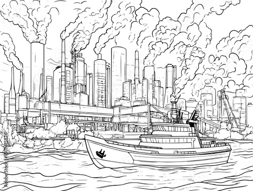 Industrial fleet surrounding small boat, vector design