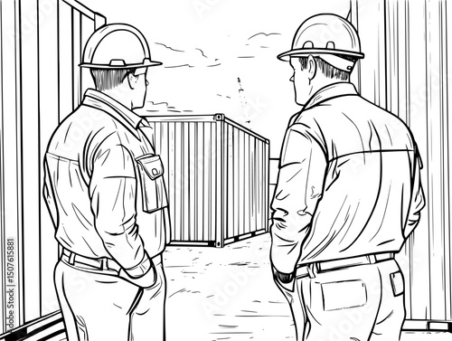 Inspectors examining suspicious freight containers, vector design