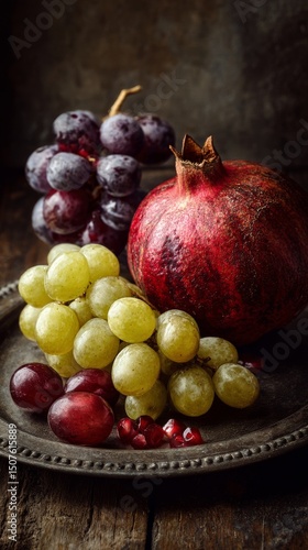 Fresh Grapes and Pomegranate Arranged on a Rustic Plate in Soft Natural Light
