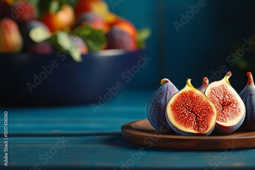 Colorful Figs on a Wooden Plate With a Bowl of Fruit in the Background