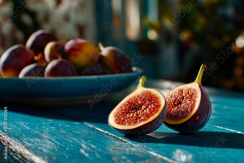 Colorful Figs on a Wooden Plate With a Bowl of Fruit in the Background