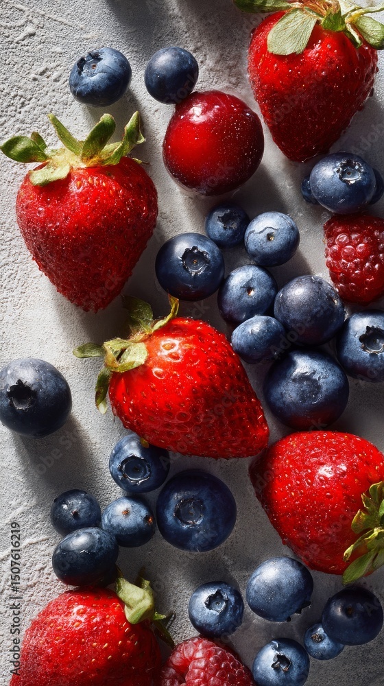 Fresh Strawberries and Blueberries Arranged on a Light Surface in a Vibrant Display Fresh Strawberries and Blueberries Arranged on a Light Surface in a Vibrant Display