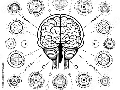 Machine minds evolving through experience, black vector graphic