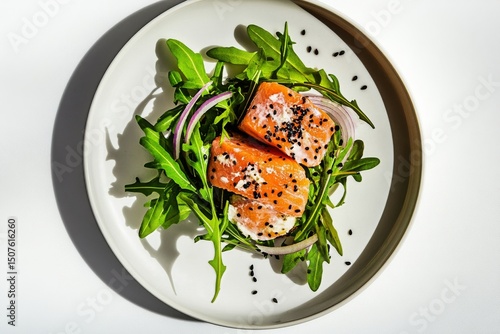 Salmon Fillet With Arugula and Black Sesame Seeds on a Minimalist Plate