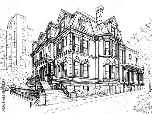 Mansion beside modest apartment building, vector illustration